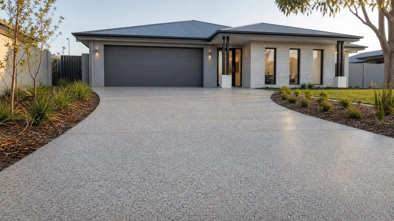 Illustrative exposed aggregate driveway leading to a double garage beside garden borders